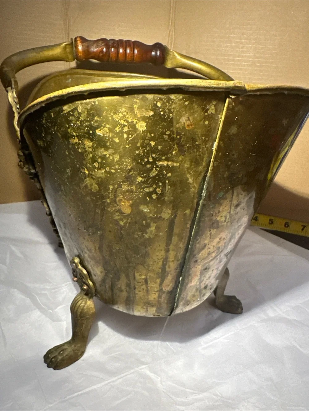 Solid copper and brass coal handle lions head footed made in Ireland 12”x13”x9”